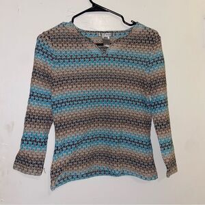 Nine West Blue & Beige Knit Stripe V-Neck Sweater Top - Medium
